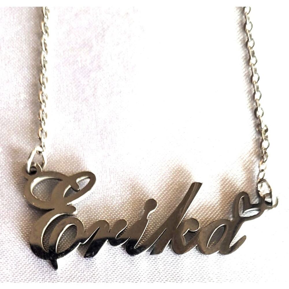 Name Erika Necklace Script Font Silvertone Chain